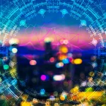 A vibrant futuristic design with a glowing circular interface overlaying a blurred cityscape, featuring neon geometric patterns, data visualizations, and holographic-style charts.